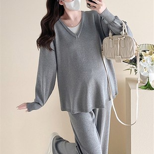 上衣秋季 长袖 阔腿裤 时尚 怀孕两件套秋 孕妇装 春秋休闲孕妇套装 秋装