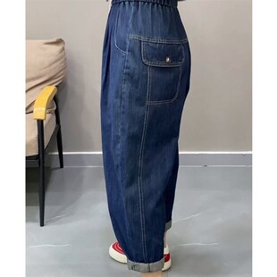 子宽松洋气哈伦裤 夏季 女胯大腿粗显瘦萝卜裤 松紧腰老爹牛仔裤 新款