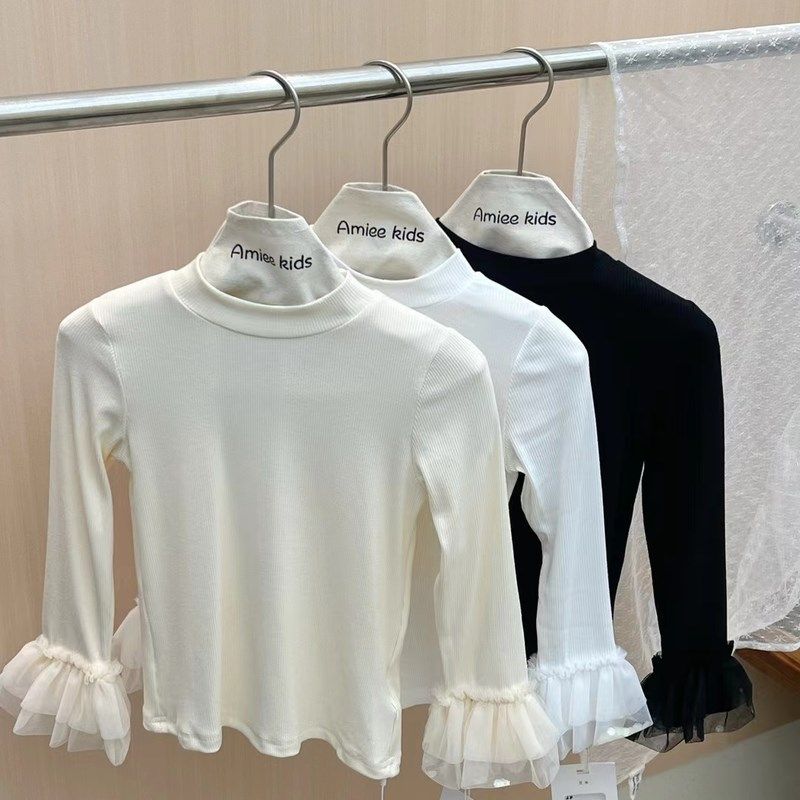 花边亮片女童打底衫2024秋冬新品新款儿童洋气网纱拼接长袖上衣