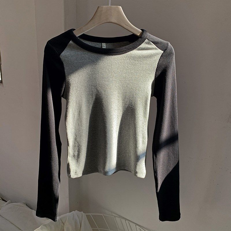 撞色插肩长袖t恤针织衫女春季修身内搭打底短款别致休闲百搭上衣