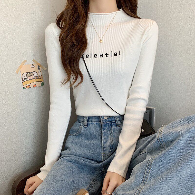 黑色毛衣女士打底衫秋冬季半高领修身紧身长袖针织衫洋气内搭上衣