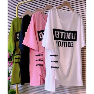 休闲打底短袖 胖MM2 宽松显瘦盘扣中长款 薄款 T恤上衣女 300斤特大码