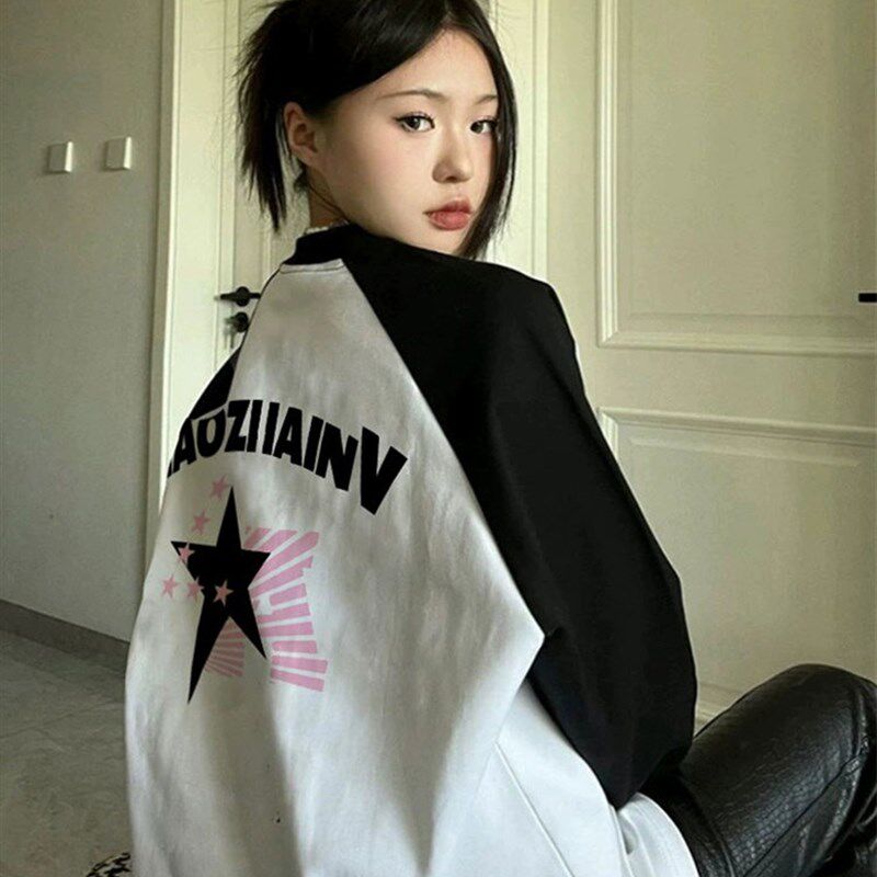 纯棉美式插肩长袖t恤女春秋2024年新款打底衫宽松小众设计感上衣