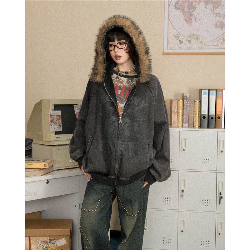 美式复古毛领外套女秋冬2024新款秋季设计感宽松拉链连帽卫衣开衫