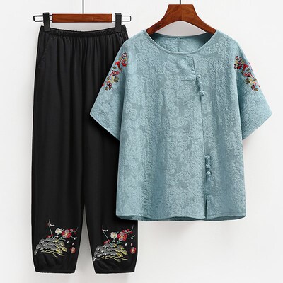 中老年女装奶奶夏款套装妈妈装棉麻两件套老太太短袖衣服老人上衣