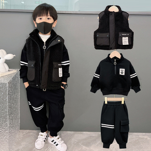 男童冬季加绒加厚发热衣裤2023新款秋冬儿童中小童马甲三件套童装