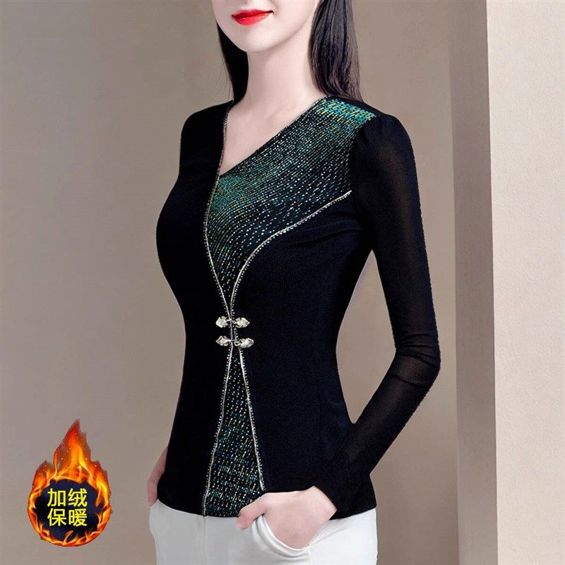 洋气打底衫女2024秋冬新品时尚v领加绒加厚保暖内搭小衫韩版收腰