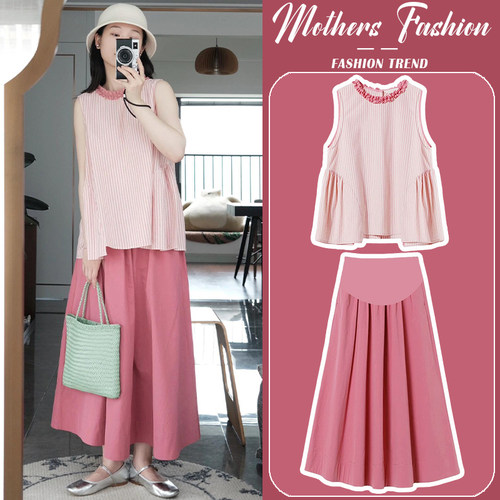 孕妇连衣裙套装夏薄款休闲宽松圆领无袖上衣半身裙2024新款两件套