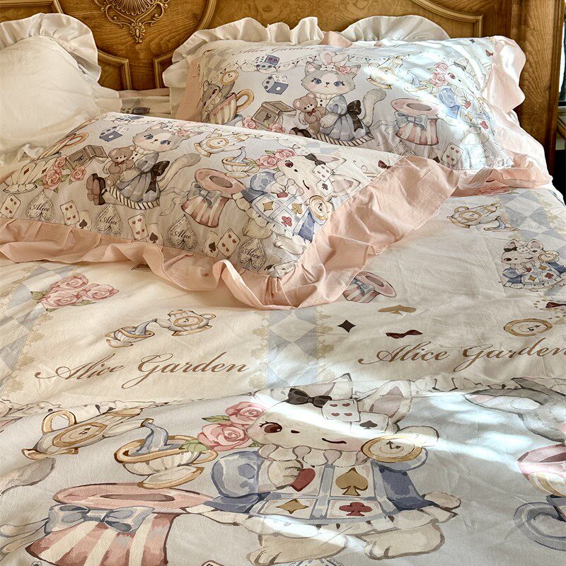 欧式少女心水洗棉花边款全棉床上四件套1.5m1.8T米公寓被套床单三