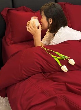 高档简约纯棉结婚四件套大红色床单被套全棉M婚庆床上用品婚房陪