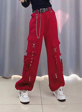 红色工装裤女2024新款高腰显瘦直筒阔腿美式复古宽松运动休闲裤子