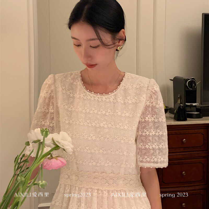 重工艺花边连衣裙女收腰显瘦仙女裙爱西里2023夏季新款小个子裙子