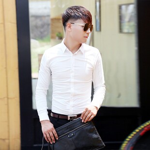 2021新款男士修身型长袖衬衫春秋潮男韩版桔黄色衬衫男式休闲衬衣