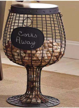 欧式创意金属铁艺高脚红酒杯摆件酒桶摆饰红酒塞收藏架边几咖啡桌