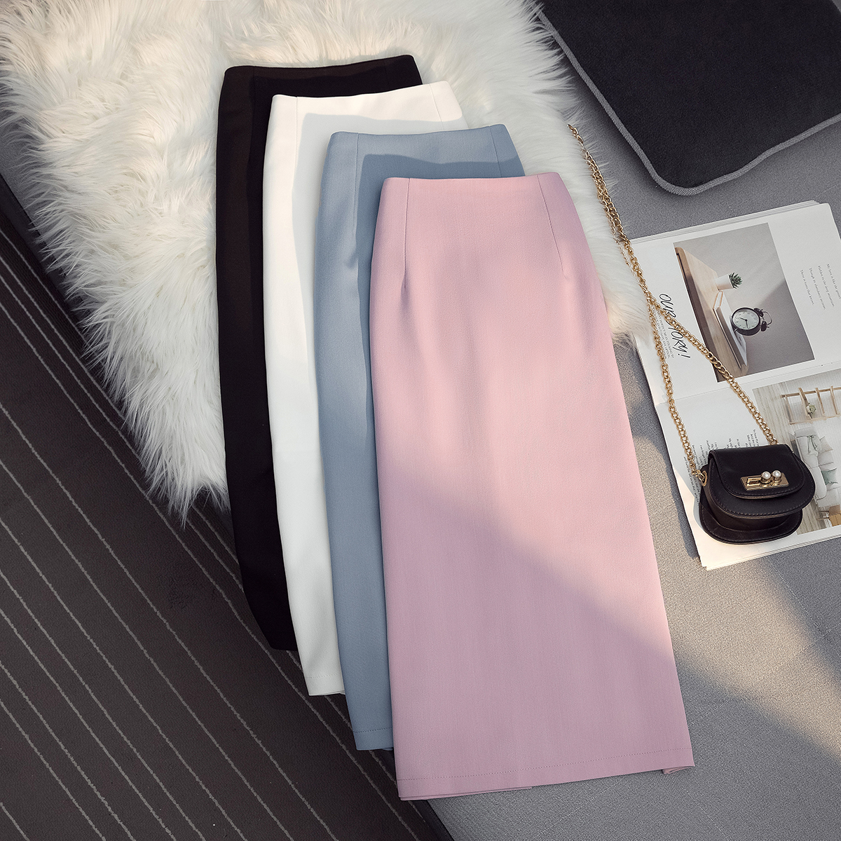 气质简约半身裙女2021秋新款显瘦高腰a字开叉包臀过膝中长款裙子