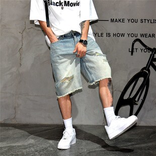 休闲马裤 潮牌宽松直筒毛边五分中裤 男士 日系复古做旧破洞牛仔短裤