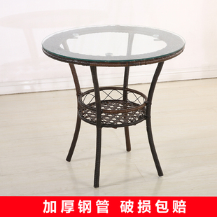 现代简约阳台小茶几钢化玻璃小圆桌藤编玻璃茶几圆形休Z闲迷你桌