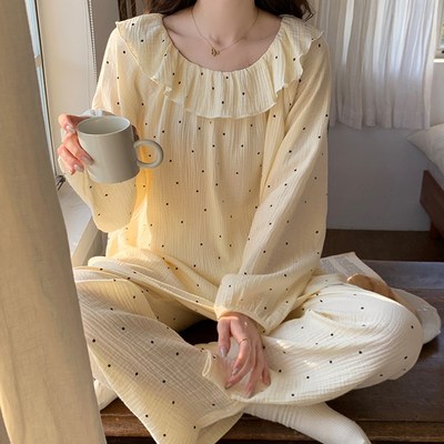 长袖睡衣女士薄款春秋夏季纯棉纱布料100全棉套头波点家居服套装