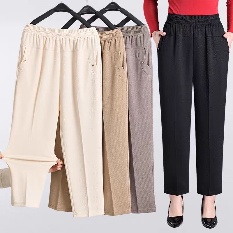 200斤加大码胖妈妈夏季薄款女裤小个子奶奶弹力深裆中老年九分裤