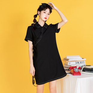 中国风女装 大码 年轻款 2021年新款 胖mm黑色女夏改良连衣裙 旗袍夏季