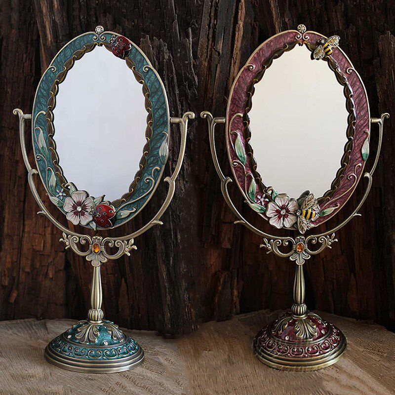 欧式田园台式公主镜金属复古轻奢双面创意梳妆镜卧室美容化妆镜子
