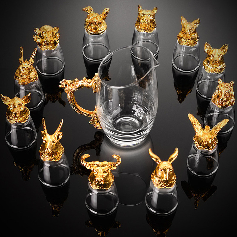 12只十二生肖水晶玻璃家用烈酒分酒器酒J具小酒杯一口杯白酒杯套