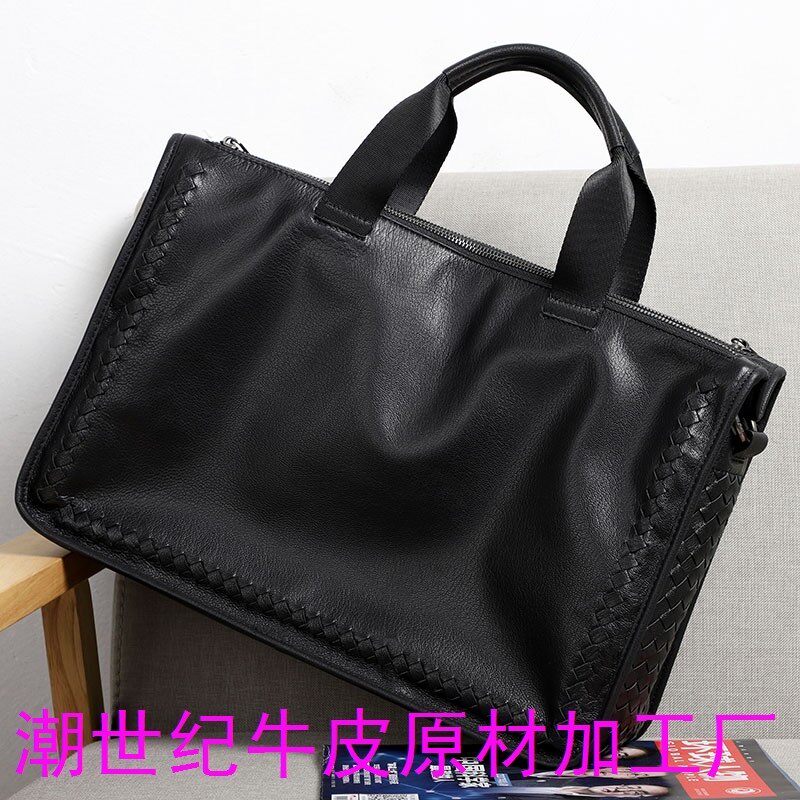 编织羊皮男士手提包真皮商务男包休闲软牛皮单肩斜挎公文包大容量