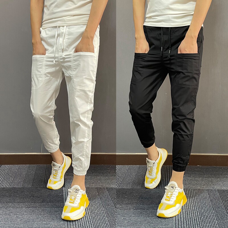 夏季薄款棉质六兜多口袋休闲裤男韩版修身黑白纯色百搭束脚九分裤