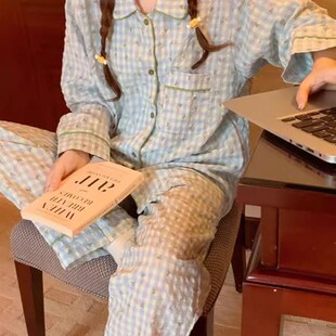 韩版2023年新j款睡衣女春秋款长袖长裤泡泡棉麻格子冬季居家服套