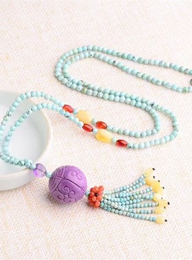 天然紫云母回纹珠项链时来运转气质款松石毛衣链秋冬百搭时尚吊坠