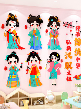 幼儿园墙面装饰中国传统服饰演变墙贴汉服K文化环创主题墙教室布