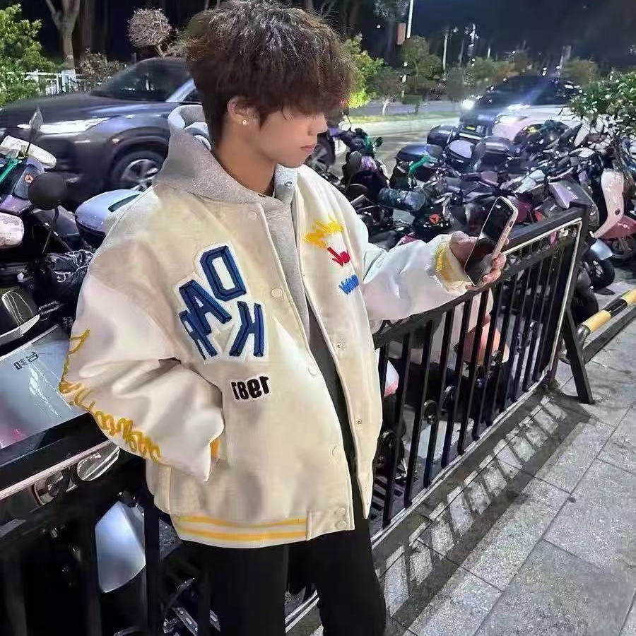 原创美式国潮牌植绒刺绣字母棒球服夹克春季2025新款夹棉加厚外套