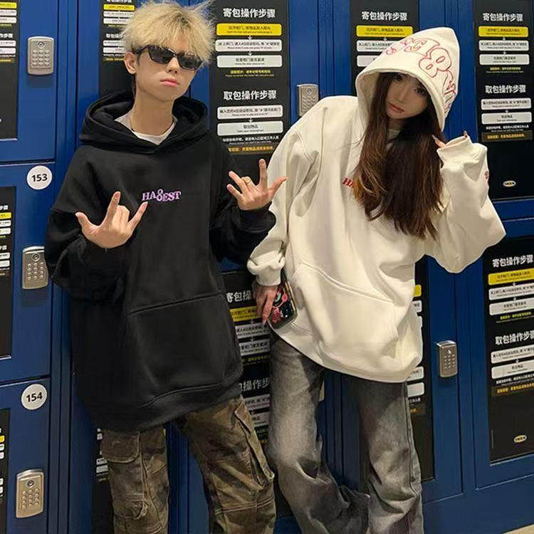 纯棉重磅刺绣字母小火焰连帽保暖卫衣男女国潮牌美式春秋情侣帽衫