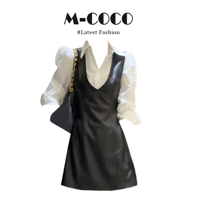 韩版时尚高级感轻奢长袖衬衫上衣小众皮背带连衣裙套装