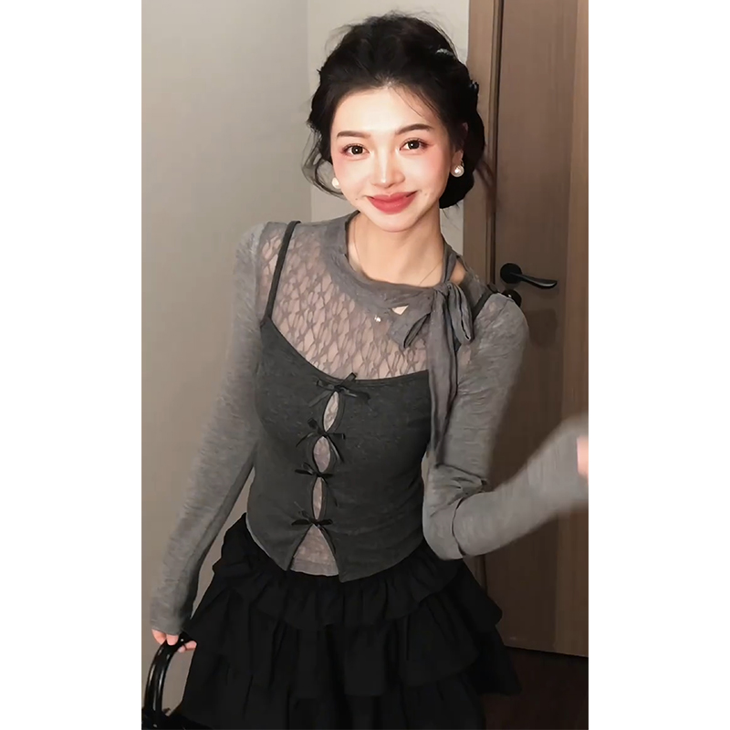 法式灰色假两件蝴蝶结上衣女秋季新款小个子高腰显瘦蓬蓬短裙套装