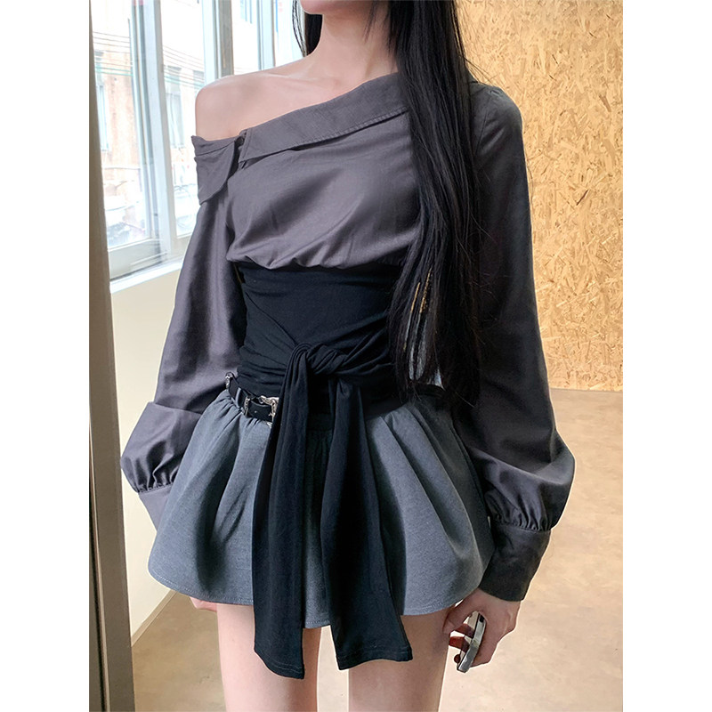 韩系复古显瘦套装裙女早秋2025新款斜肩长袖衬衫+包臀短裙两件套,女装/女士精品,时尚套装,淘宝优惠券,粉丝福利购,淘宝优惠卷