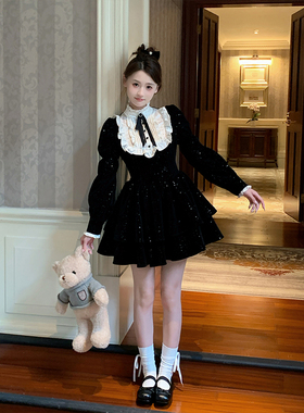 富家千金感气质黑色丝绒连衣裙女秋冬生日公主蛋糕裙收腰蓬蓬裙子