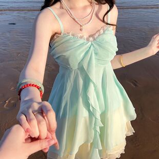 上衣半裙温柔甜美水系套装 水系甜心 日系设计荷叶边无袖 新款 夏季