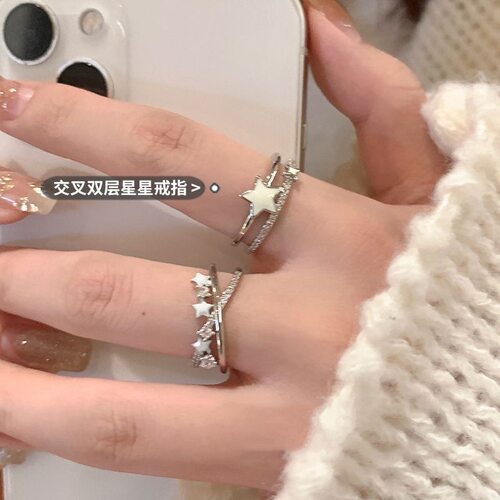 双层星星锆石开口戒指女小众情侣