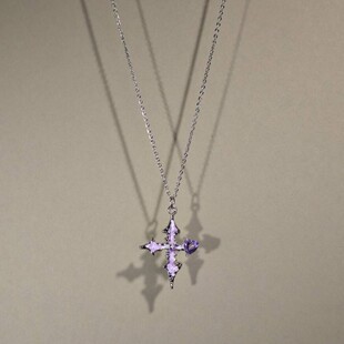 Vintage古着The Purple Cross女生项链紫色水钻十字架吊坠锁骨链