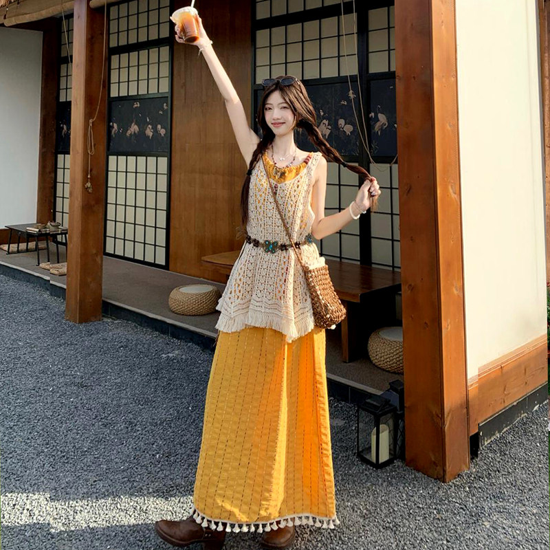 文艺森系叠穿串珠吊带长裙新疆旅游穿搭流苏连衣裙针织背心两件套