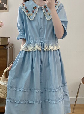 法式蓝色娃娃领洋装夏季大尺码胖mm减龄小清新收腰显瘦假两件长裙