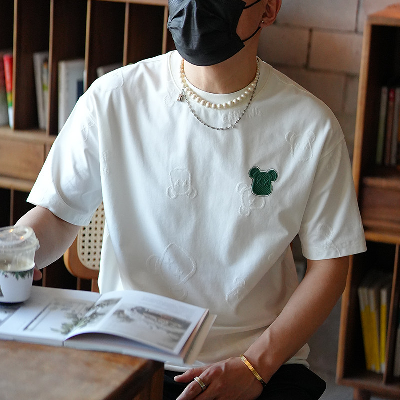 韩版潮流提花刺绣小熊短袖T恤男士夏季潮牌宽松圆领休闲 半袖T恤