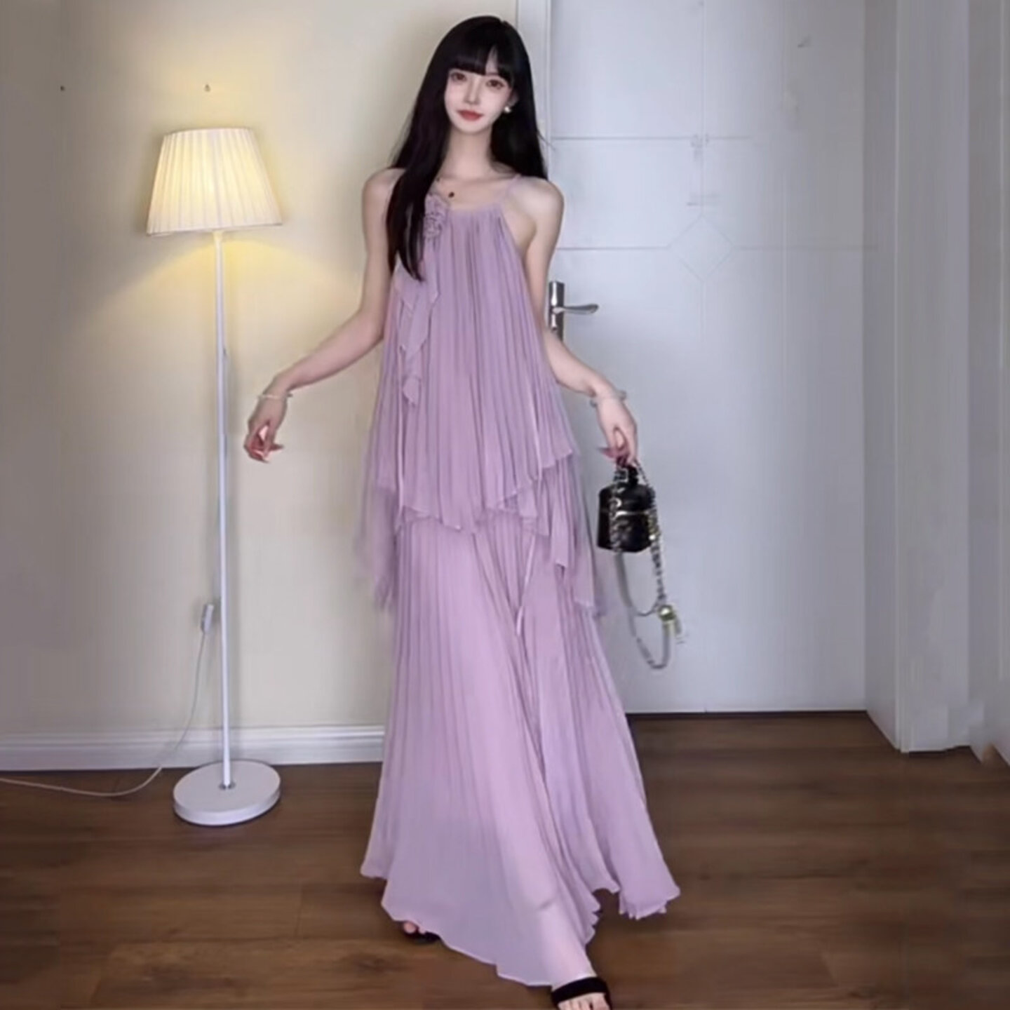 多巴胺绝美海边穿搭长款百褶裙套装夏季两件套度假吊带连衣裙性感
