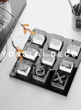 现代轻奢黑白水晶格子棋盘桌面装饰摆件样M板间家居书房客厅饰品