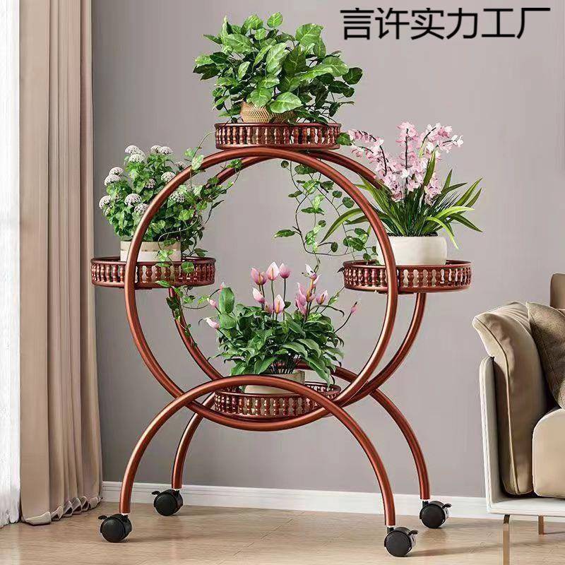 大圈花架花店花架层铁艺多带轮绿萝花盆架客厅内阳台落地式可移室