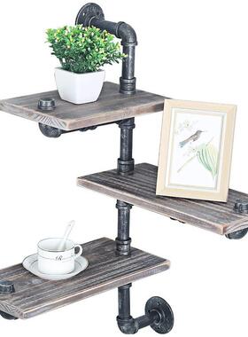 工业风铁艺水管墙三动货架木隔板壁挂体置物浮架层书架210428-S收