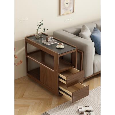 小?实木沙发边BTH柜岩板边几中式户型客厅带轮移动可角几小几茶侧