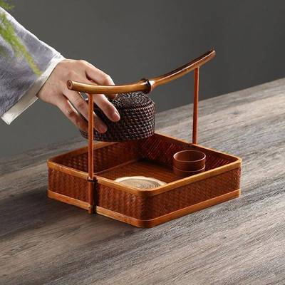 围纳炉冰茶中式筇竹手工竹编仿收古茶1ZY67157手提盘长方形水果盆