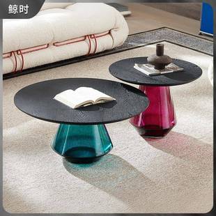 轻奢创意圆形玻璃茶几组合哑光黑HDF木面茶几设计师小户型茶几桌